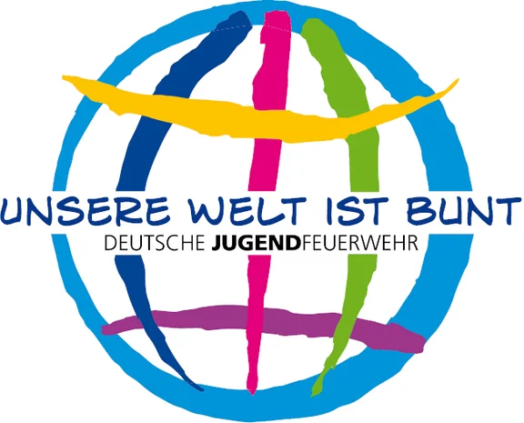 Logo der deutschen Jugendfeuerwehr mit Titel "Unsere Welt ist Bunt"